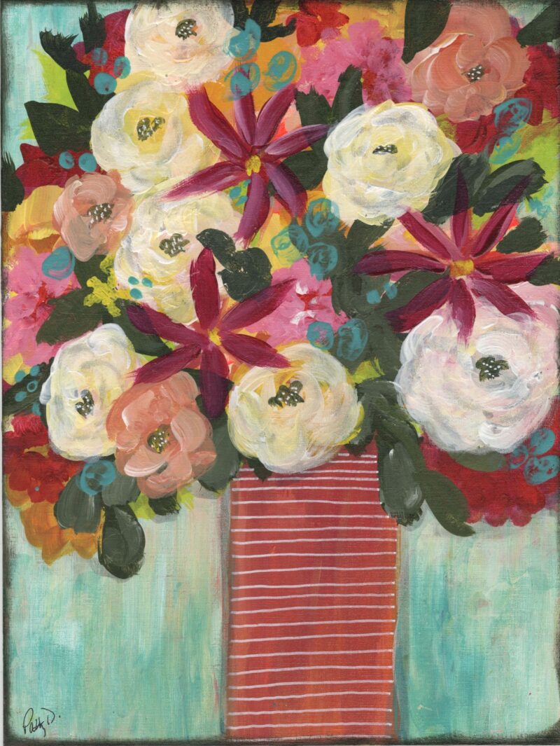 Red, Pink and White floral bouquet artwork by artist Patty Donahue at Studio Patty D in Geneva, IL
