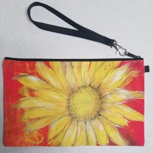 Zippered linen wristlet with artistic sunflower design