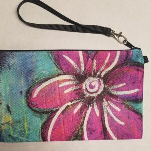 Zippered linen wristlet with whimsical pink & blue floral design