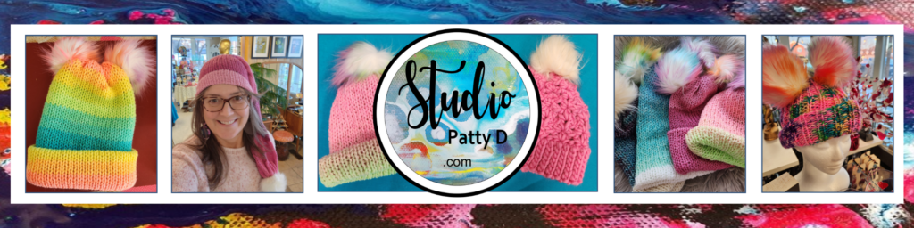 Photo collage of Hand Knit Spring hats at Studio Patty D