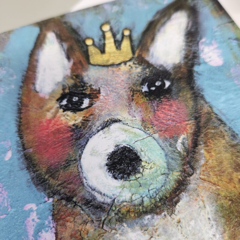close up of Duke the dog on the front of a note card
