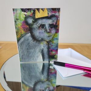 A2 note card with a monkey printed on the front