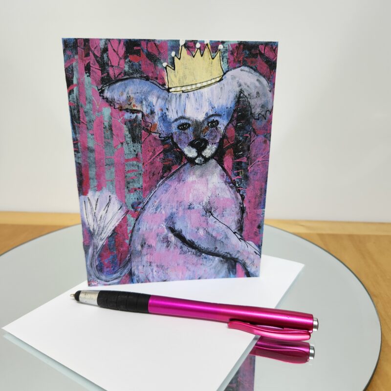 Pink Dog wearing a crown, all occasion note card