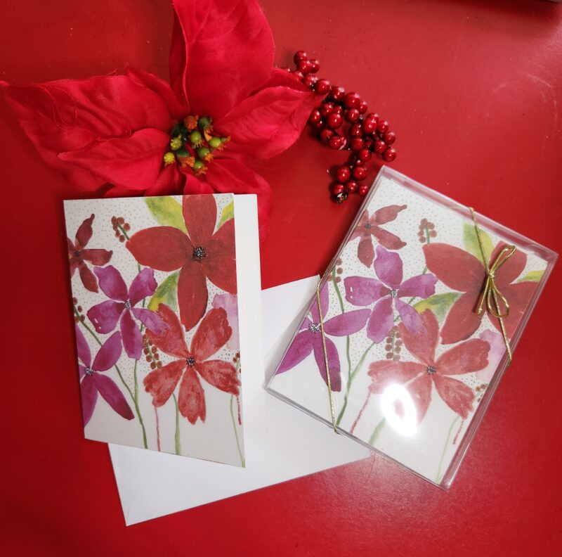 A2 greeting card, blank inside, of a watercolor Poinsettia