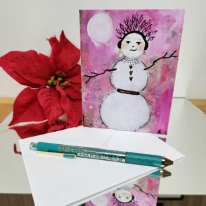 Morning Rise - greeting card wiht snowman artwork on the front. Patty Donahue artist