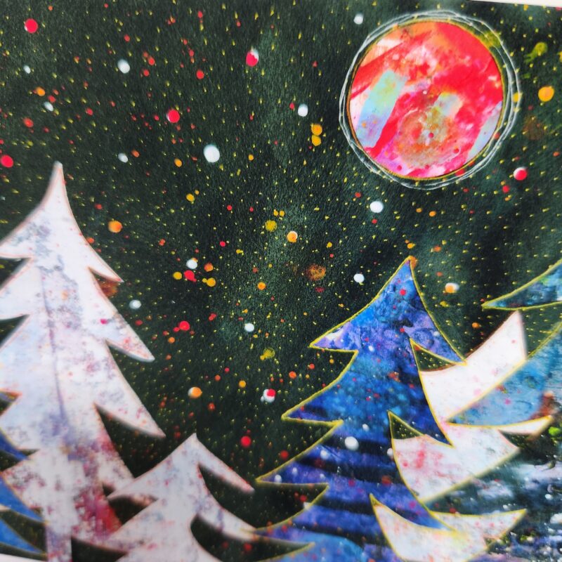 Rainbow Snow - A2 size holiday greeting card with a pine forest & moon scene on the front. Patty Donahue artist